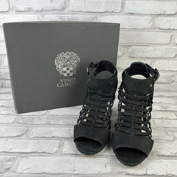 Vince Camuto Heels Black VV-Evel Size 6.5M Strappy Minor Box Damage - Picture 1 of 8